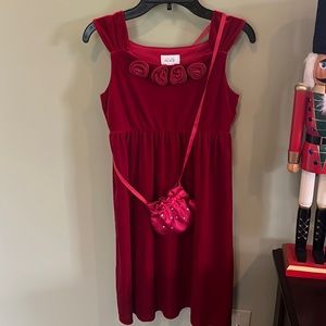 Adorable Girls Red Velvet Holiday Dress with 4 Rose Designs & Matching Purse.